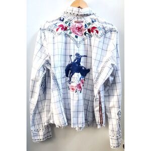 3J Workshop Johnny Was L Plaid Shirt Embroidery Rose Western Cowgirl Raw Hem L/S